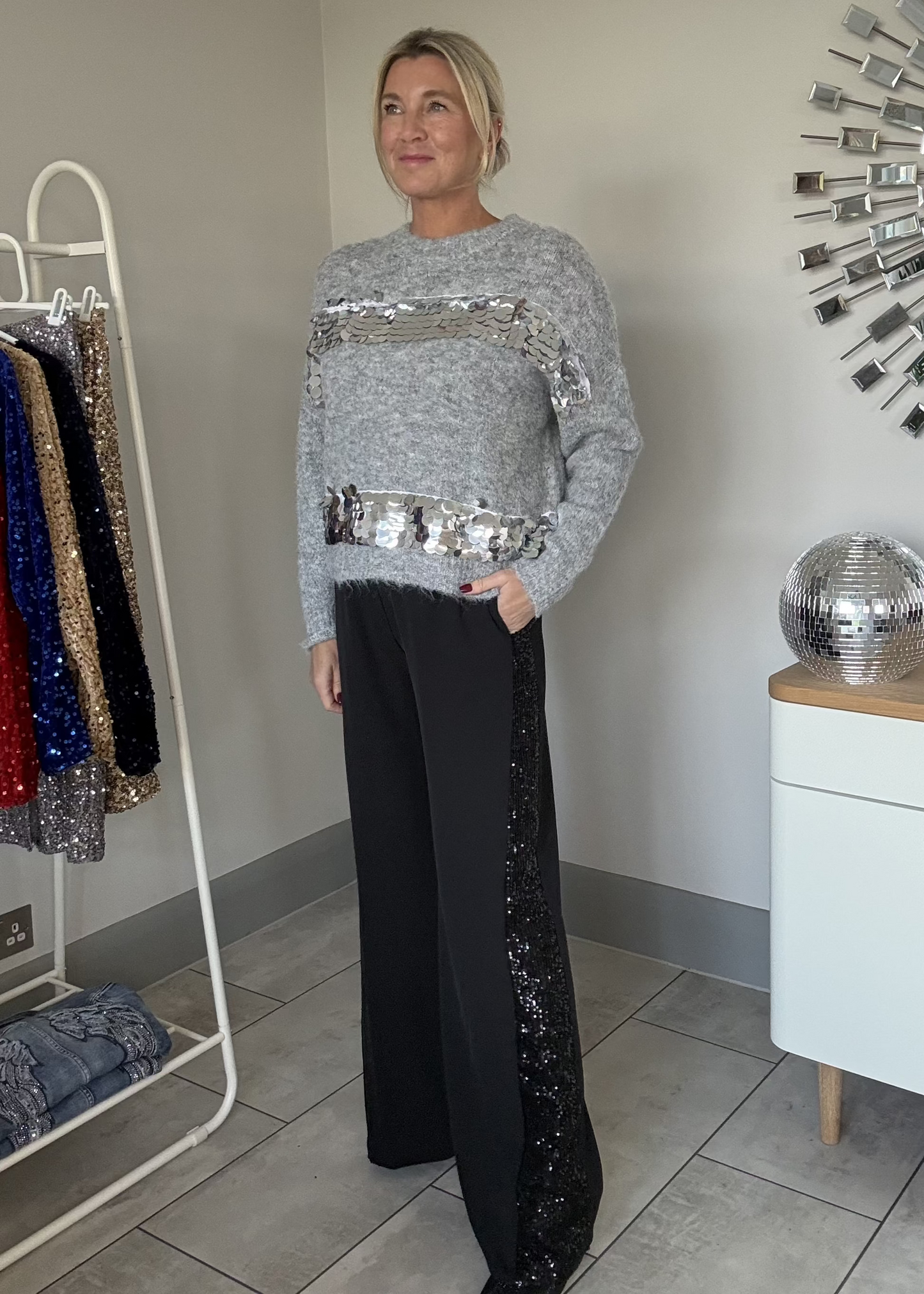 Black Sequin Stripe Wide Leg Trousers