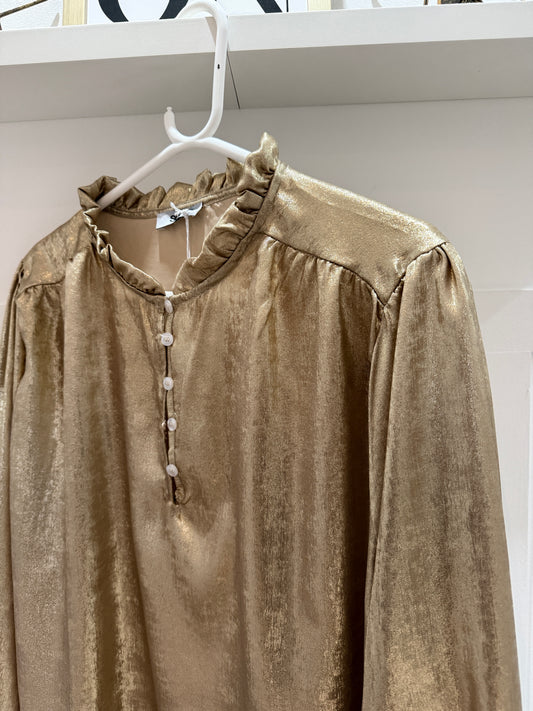 Gold Metallic Ruffle Neck Blouse