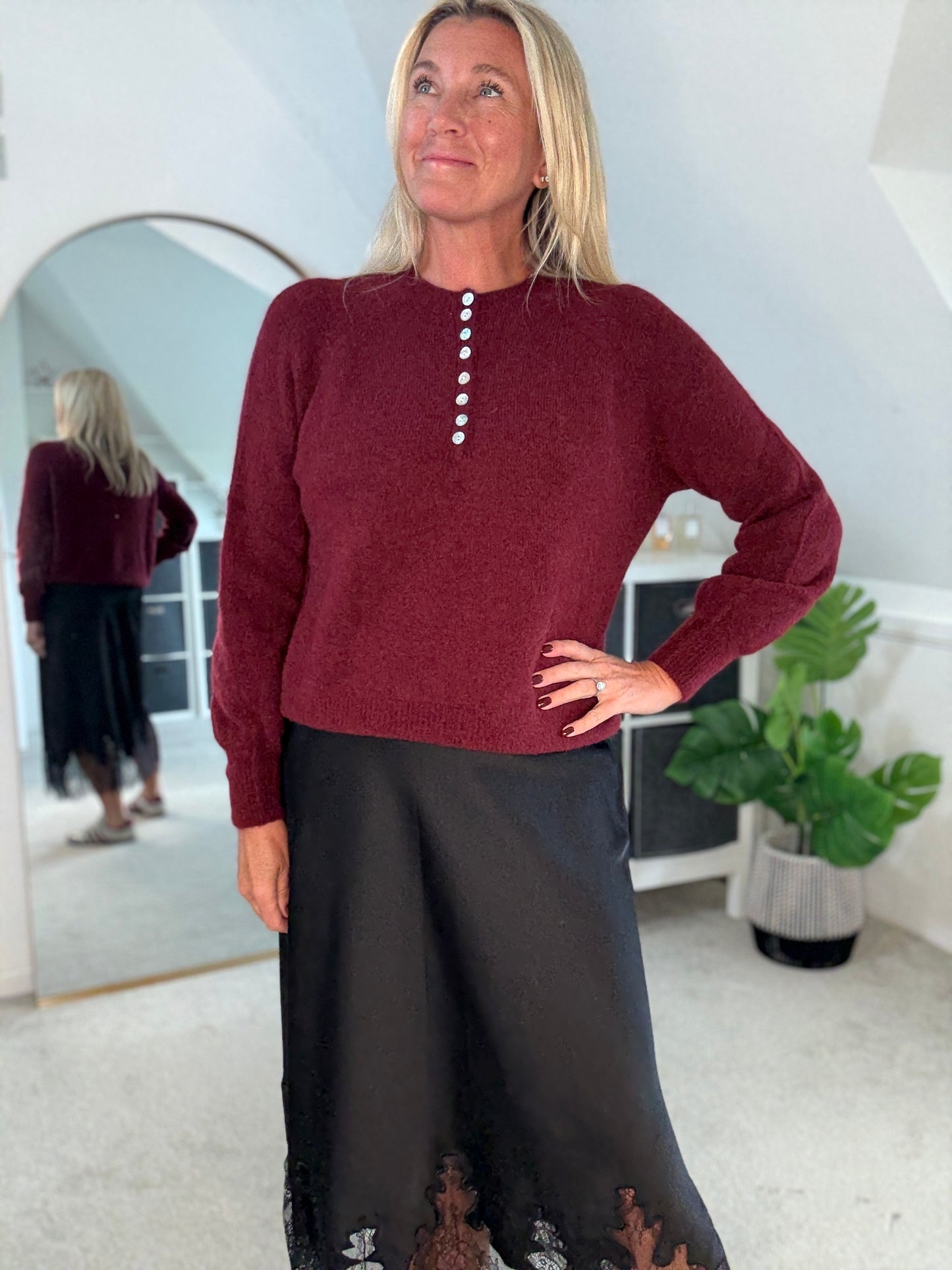 Burgundy Alpaca Mix Button Jumper