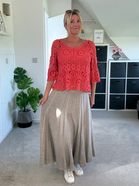 Mocha Washed Linen Panel Skirt