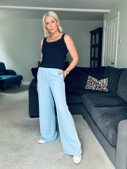 Powder Blue/White Double Stripe Wide Leg Trousers
