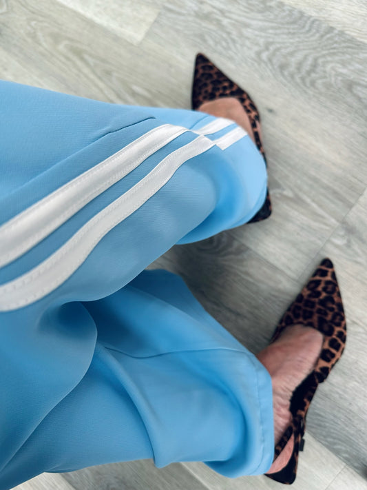 Powder Blue/White Double Stripe Wide Leg Trousers