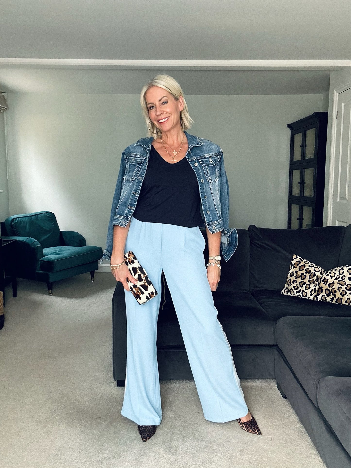 Powder Blue/White Double Stripe Wide Leg Trousers