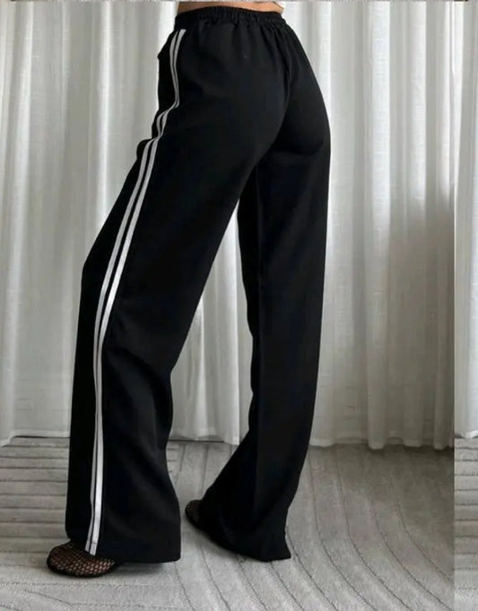 Black Twill Double Stripe Wide Leg Trousers