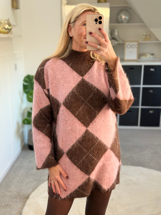Brown/Pink Argyle Funnel Neck Jumper Dress