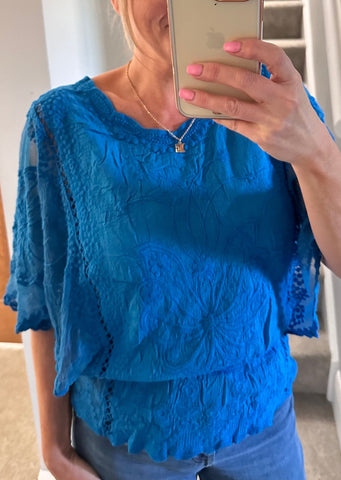 Blue Floral Lace Butterfly Sleeve Blouse