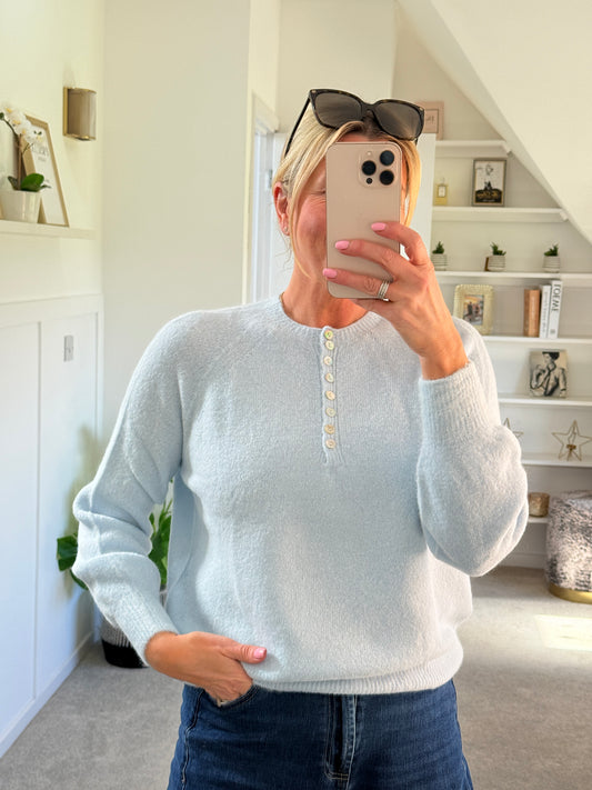 Powder Blue Alpaca Mix Button Jumper