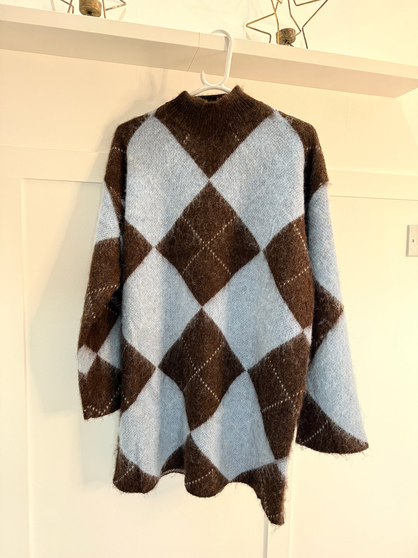 Brown/Pink Argyle Funnel Neck Jumper Dress