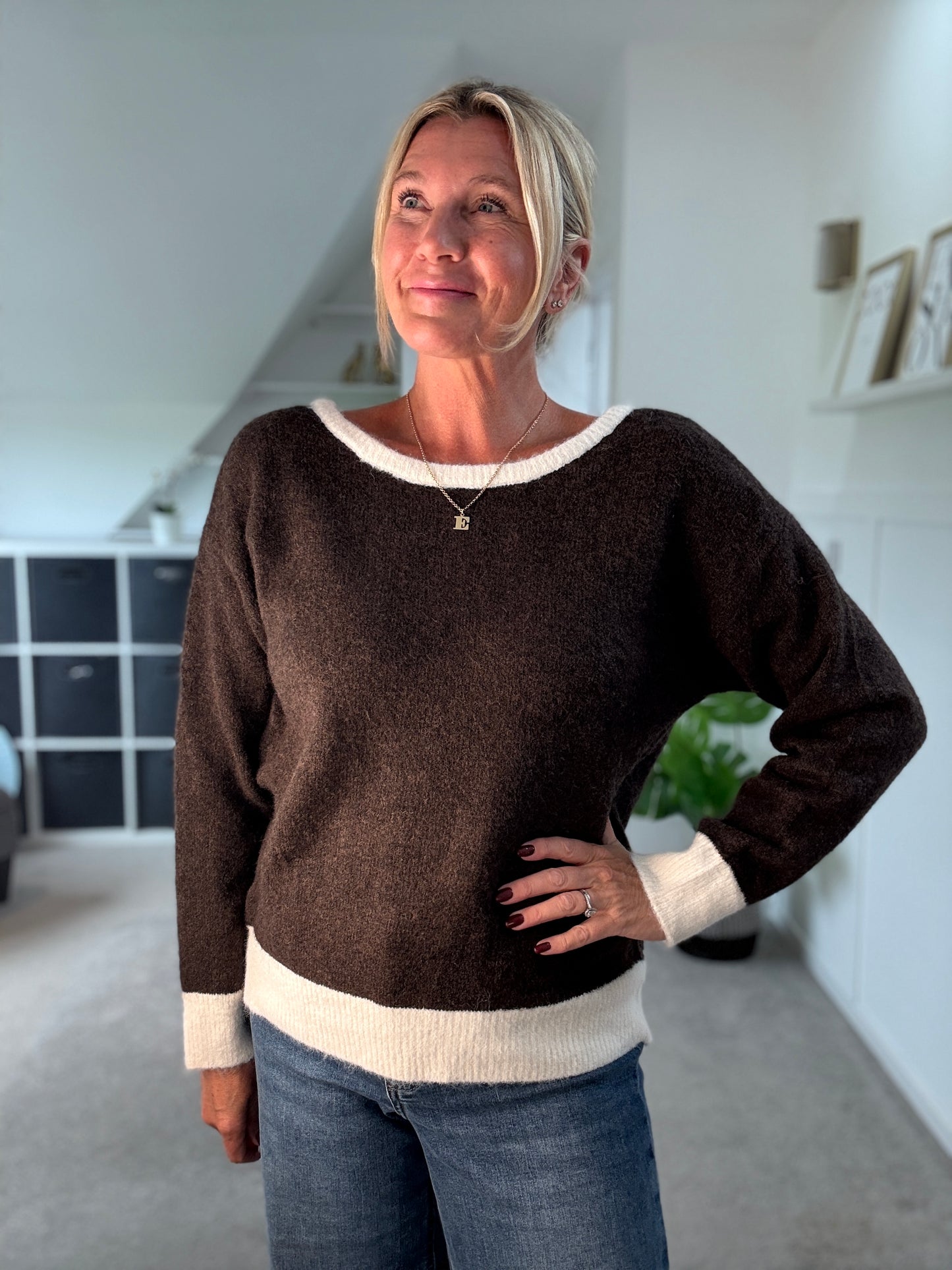 Oatmeal/Brown Contrast Bow Back Jumper
