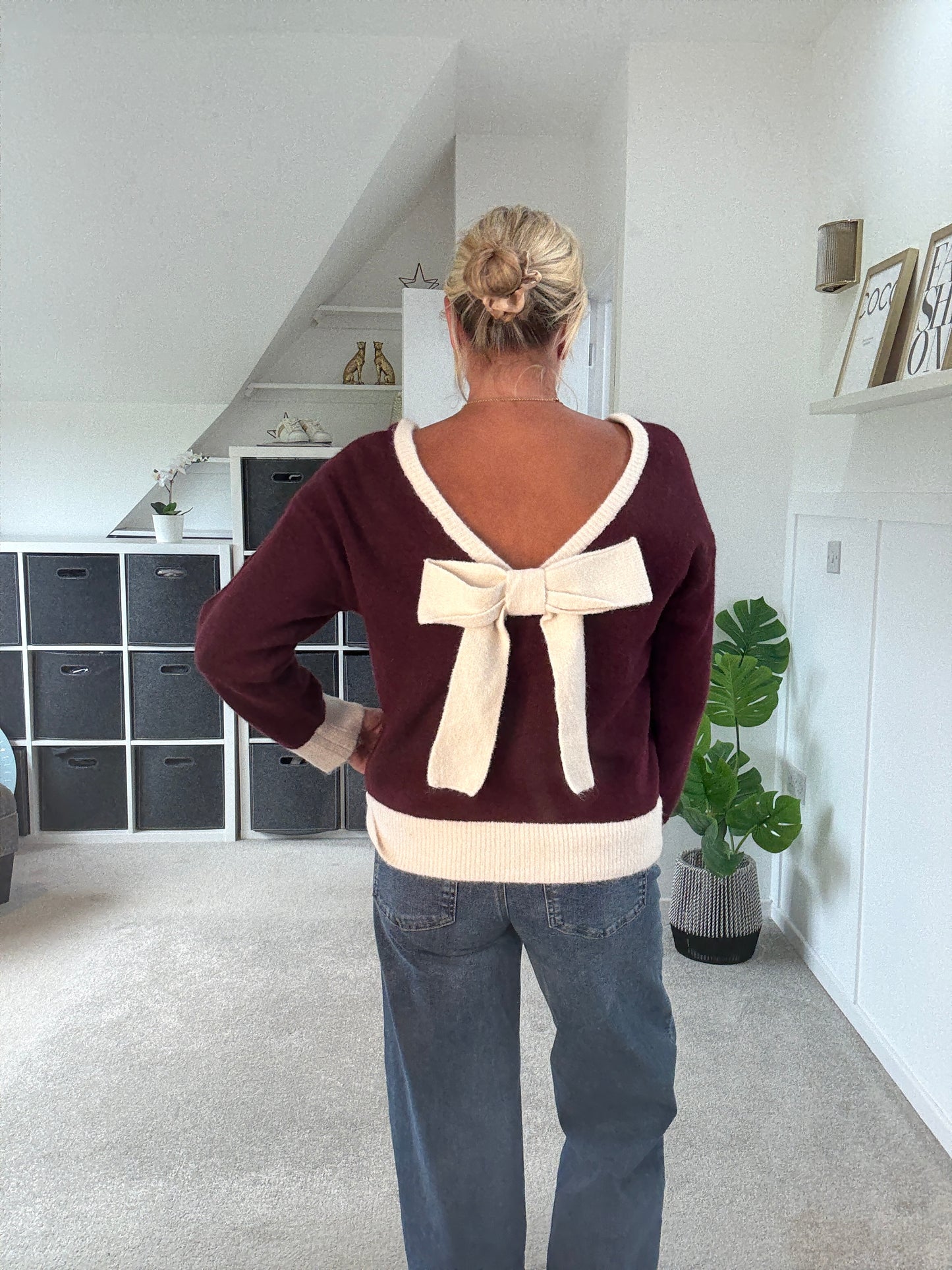 Oatmeal/Brown Contrast Bow Back Jumper