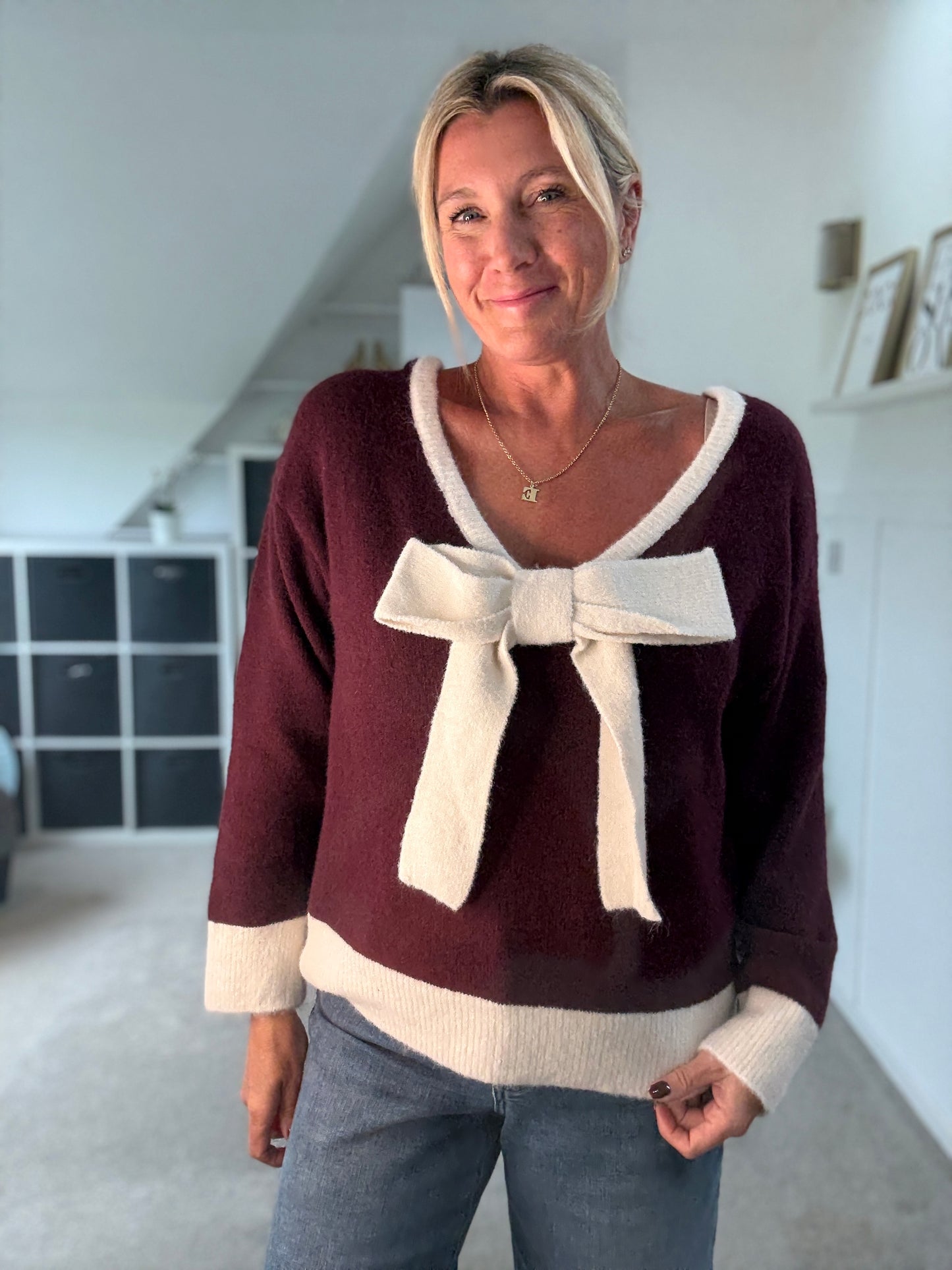 Oatmeal/Brown Contrast Bow Back Jumper