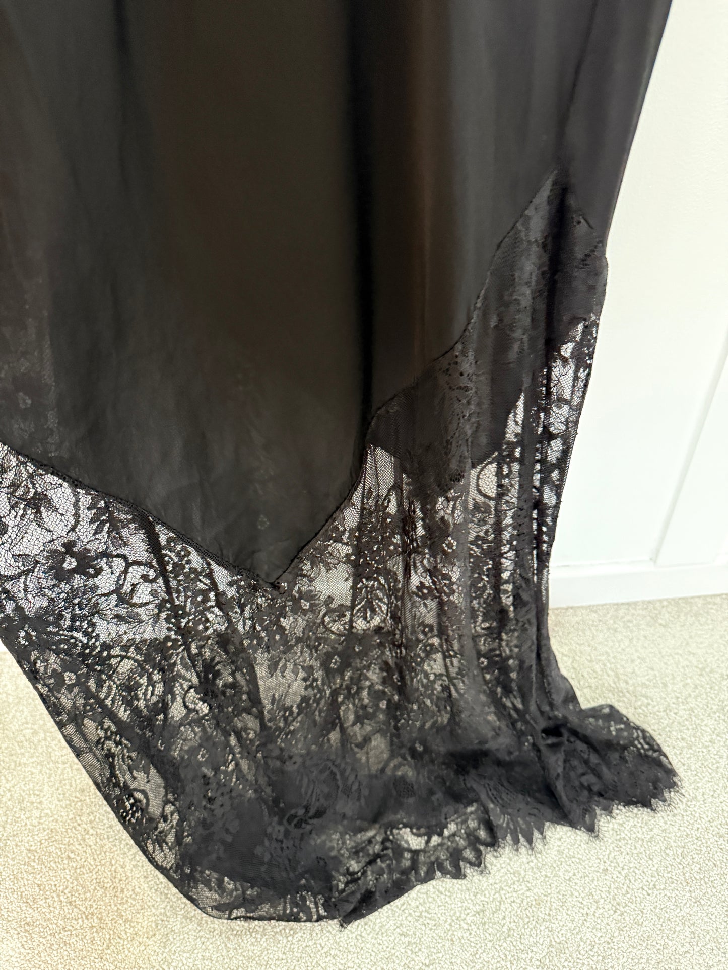Black Satin Lace V-Neck Maxi Slip Dress