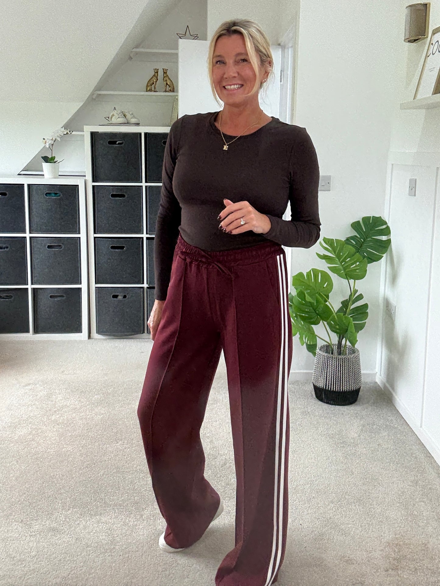 Brown Twill Double Stripe Wide Leg Trousers
