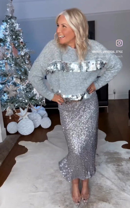 Silver Luxe Sequin Pencil Skirt