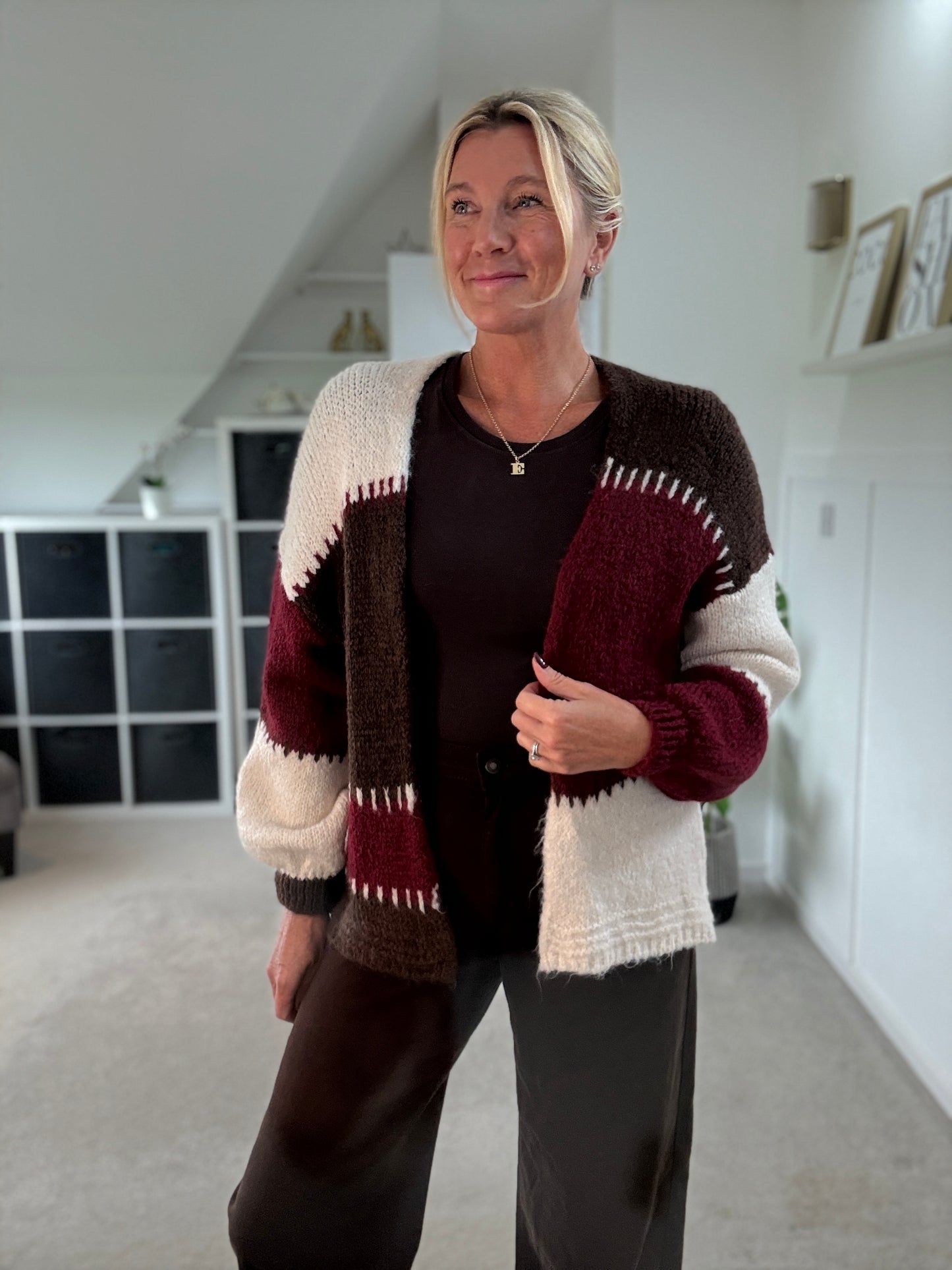 Brown/Mocha Patchwork Contrast Stitch Cosy Cardigan