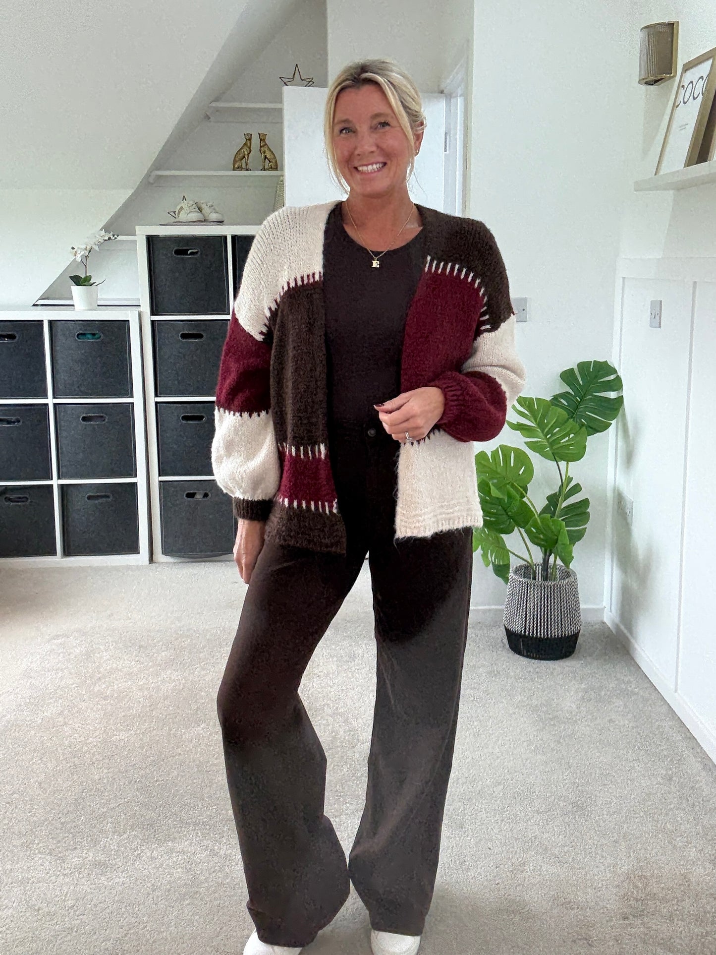 Brown/Mocha Patchwork Contrast Stitch Cosy Cardigan