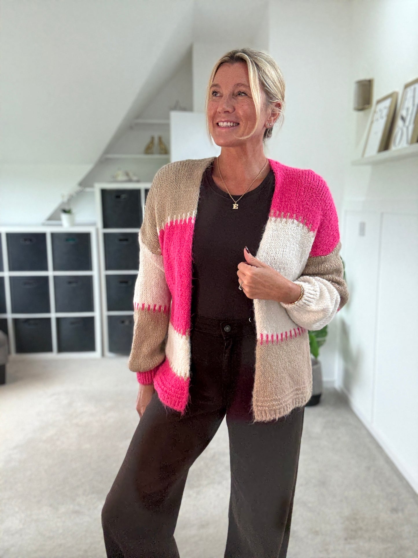 Brown/Mocha Patchwork Contrast Stitch Cosy Cardigan
