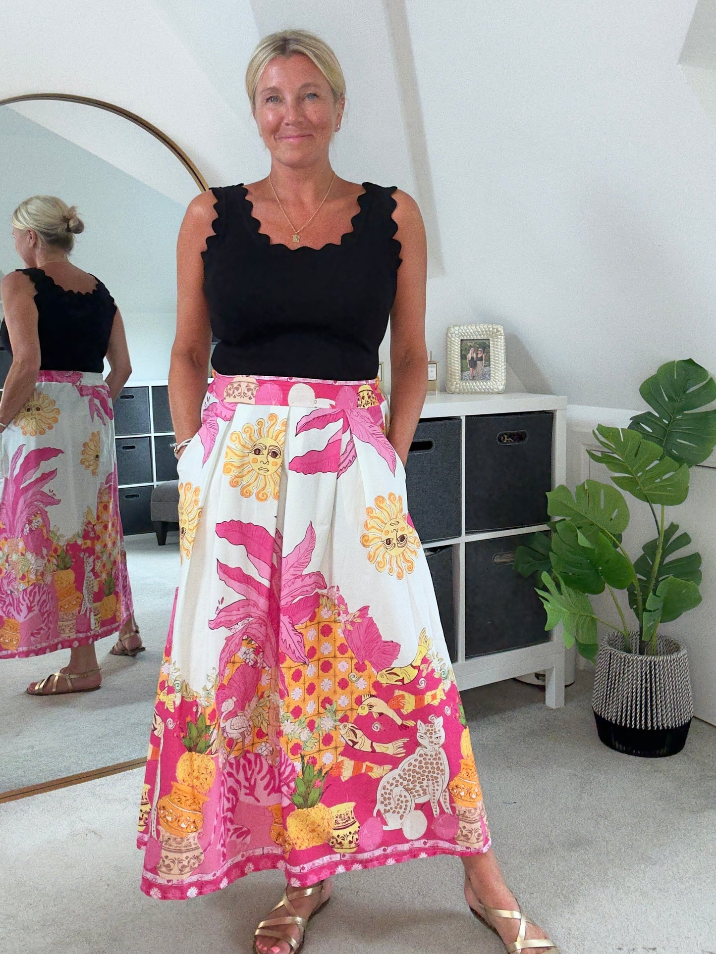 Pink Celestial Print Midi Skirt