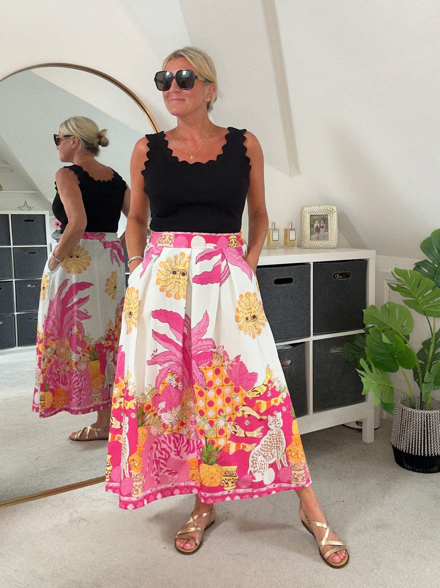 Pink Celestial Print Midi Skirt