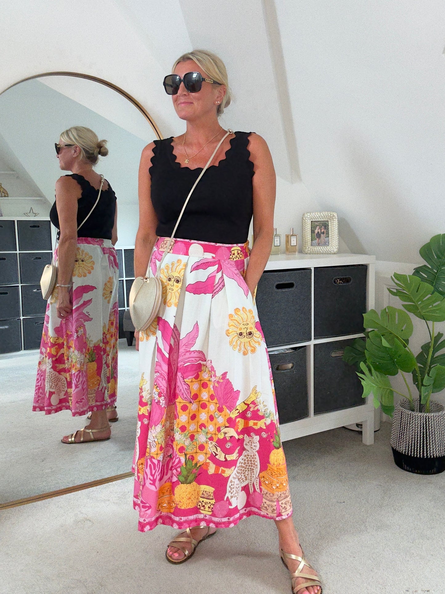Pink Celestial Print Midi Skirt