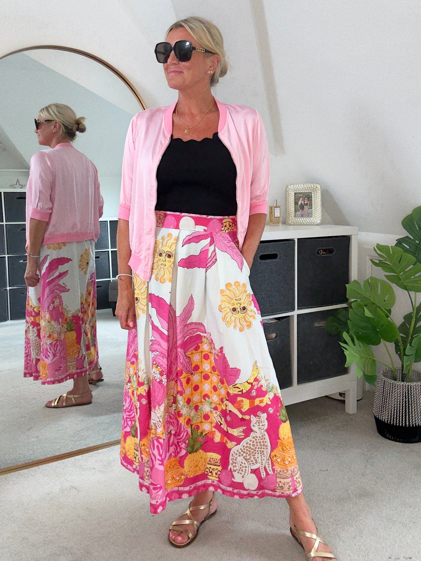 Pink Celestial Print Midi Skirt