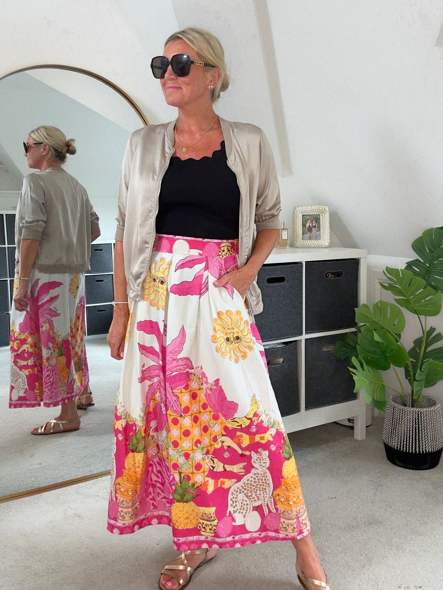 Pink Celestial Print Midi Skirt