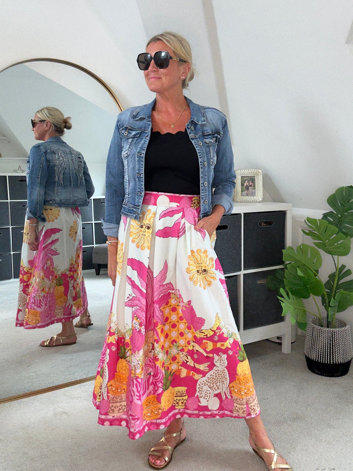 Pink Celestial Print Midi Skirt