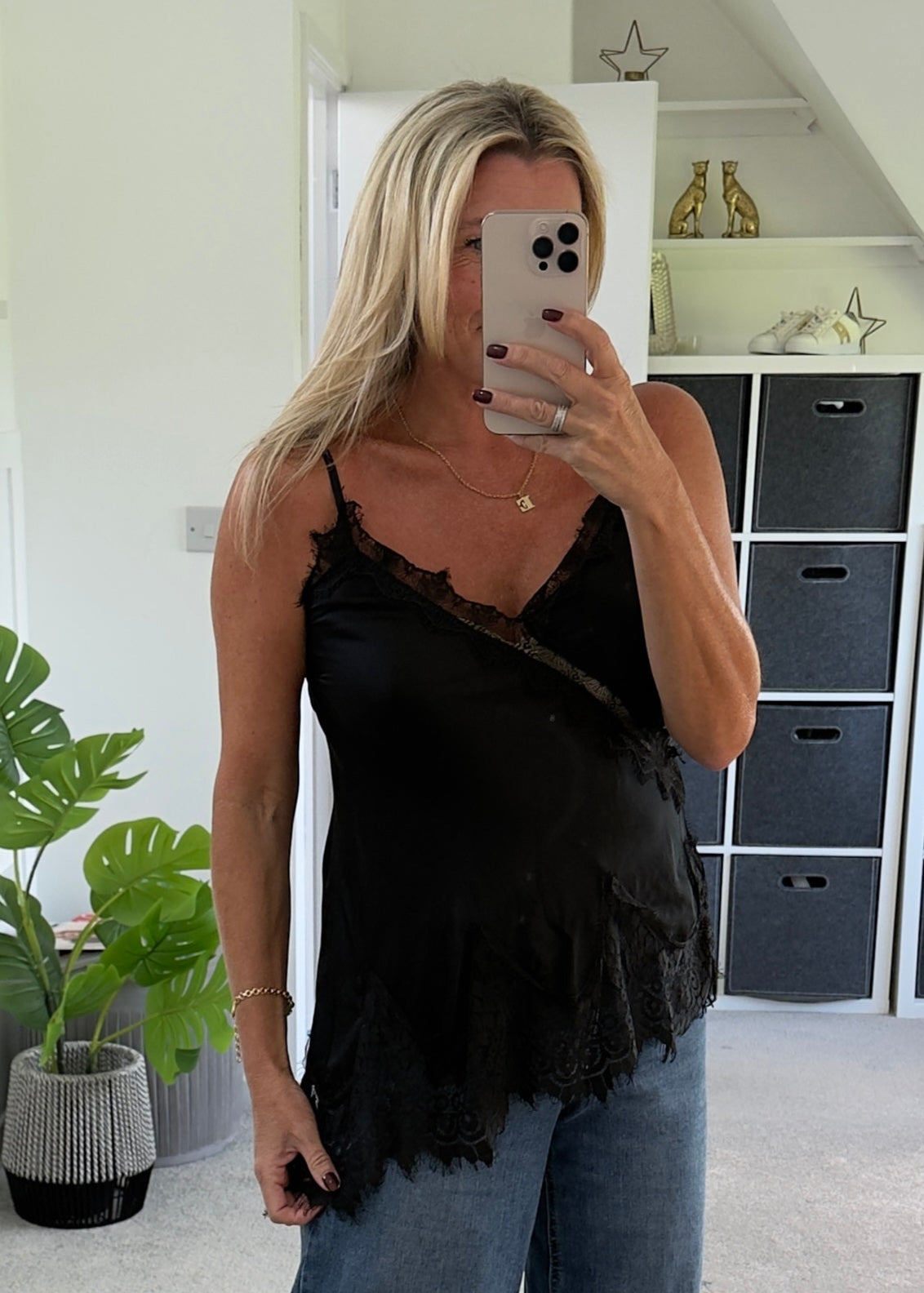 Black Satin Lace Asymmetric Cami Top