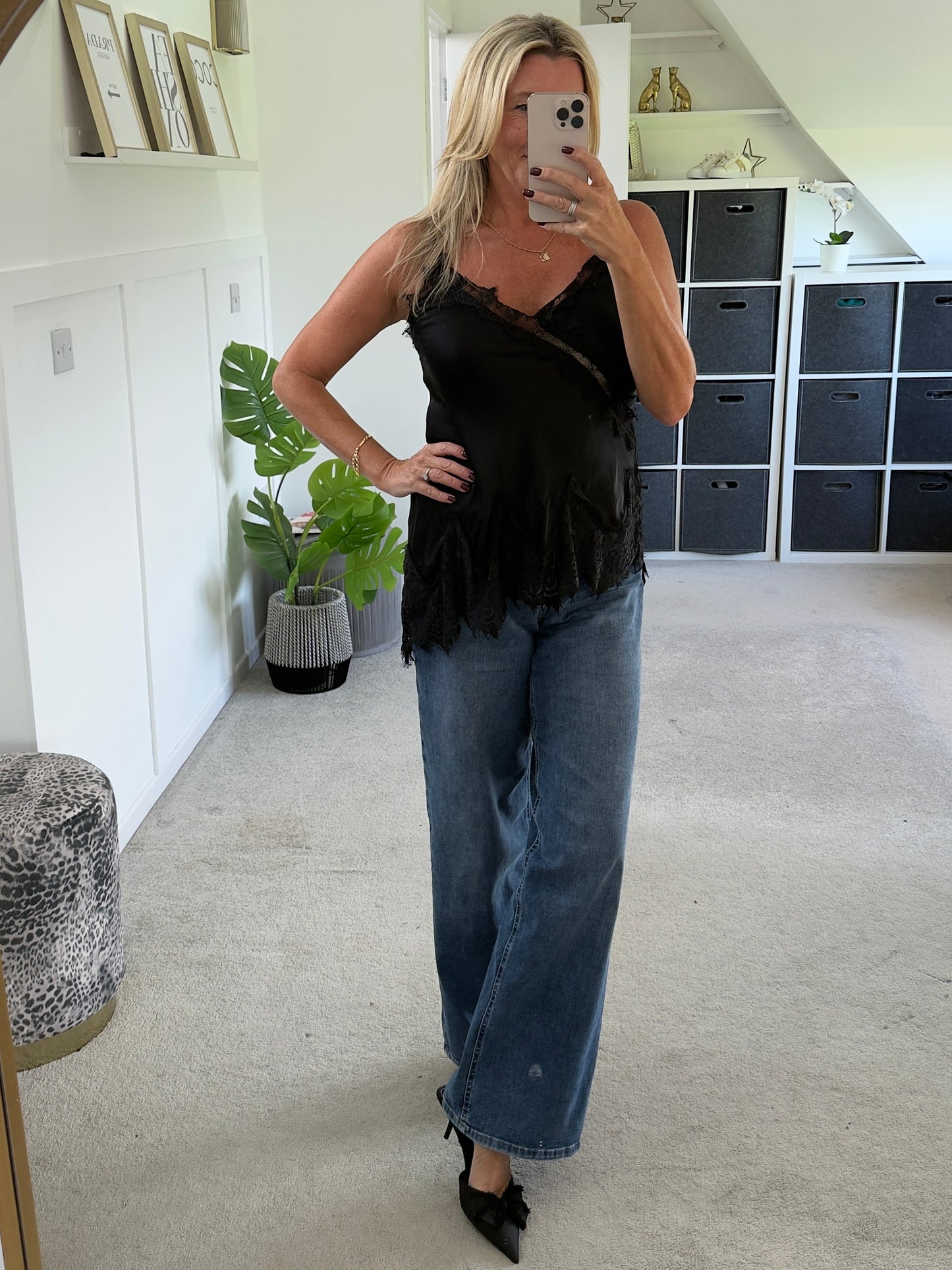 Black Satin Lace Detail Cami Top