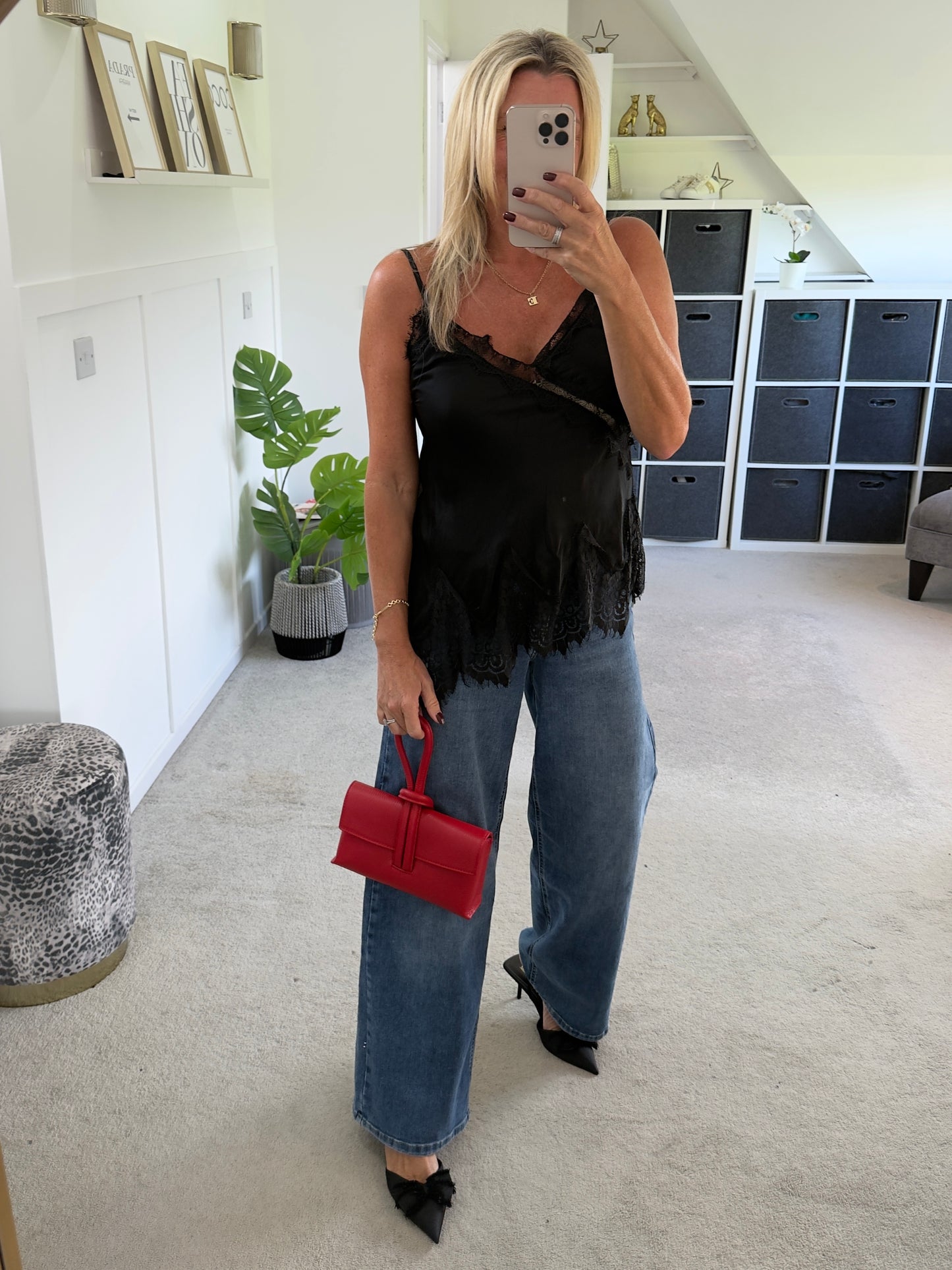 Black Satin Lace Detail Cami Top