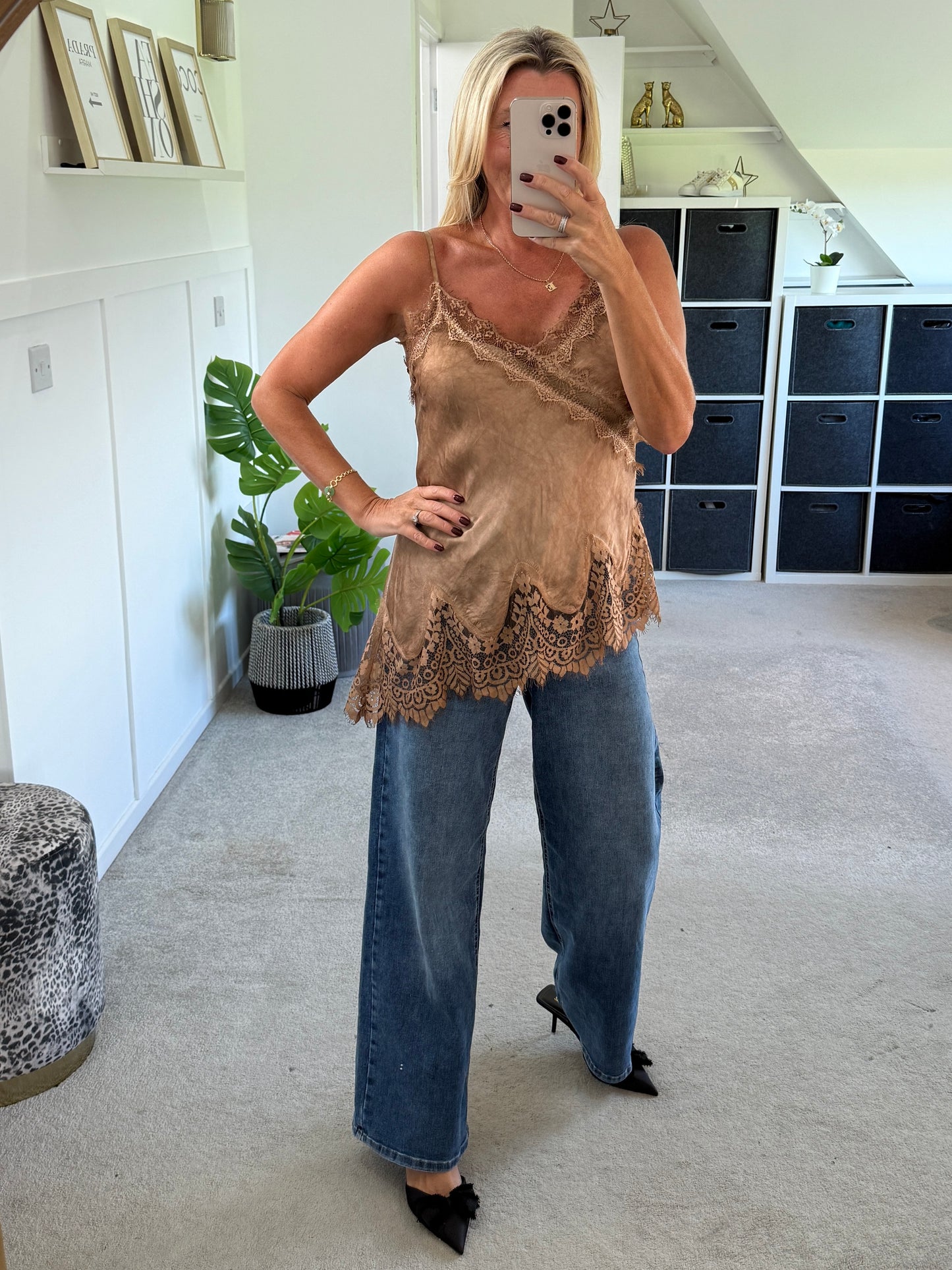 Camel Satin Lace Asymmetric Cami Top