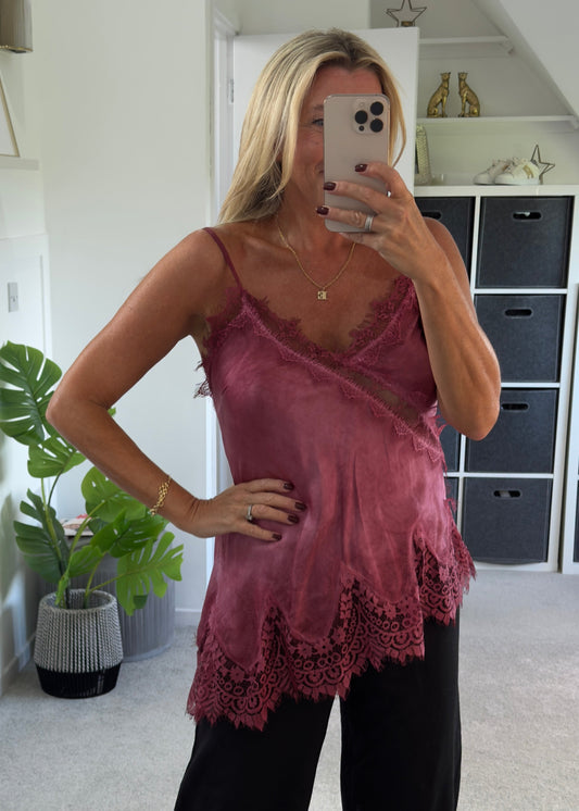Burgundy Satin Lace Asymmetric Cami Top
