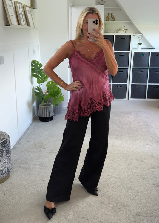 Burgundy Satin Lace Asymmetric Cami Top