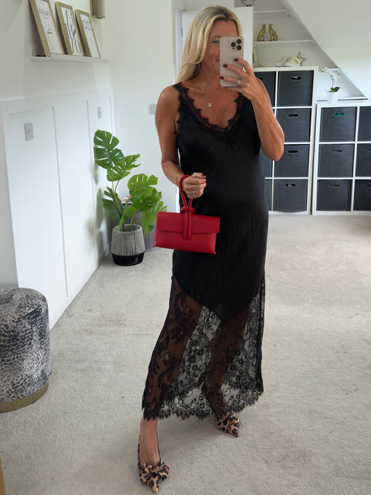 Black Satin Lace V-Neck Maxi Slip Dress