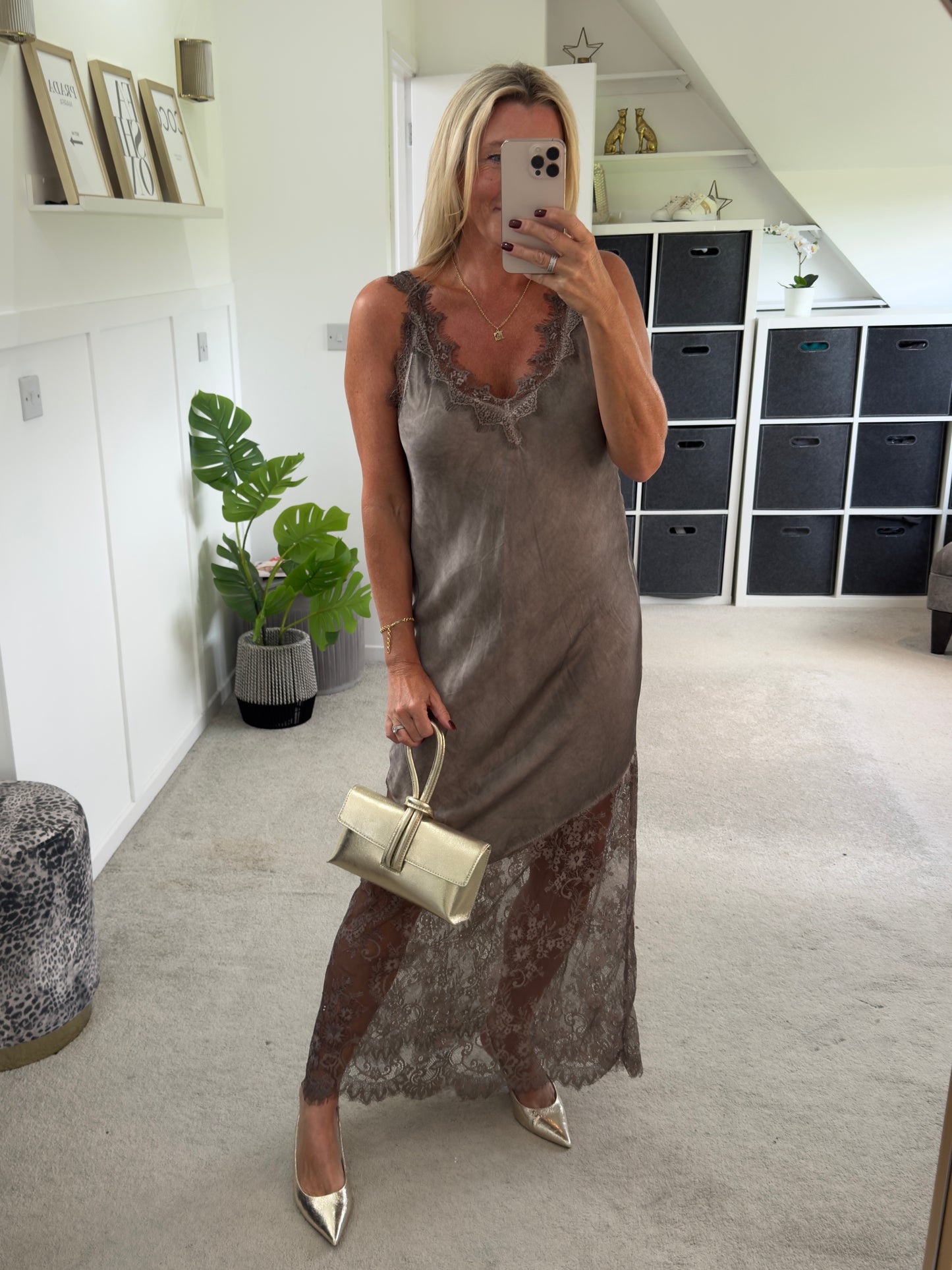 Mocha Satin Lace V-Neck Maxi Slip Dress