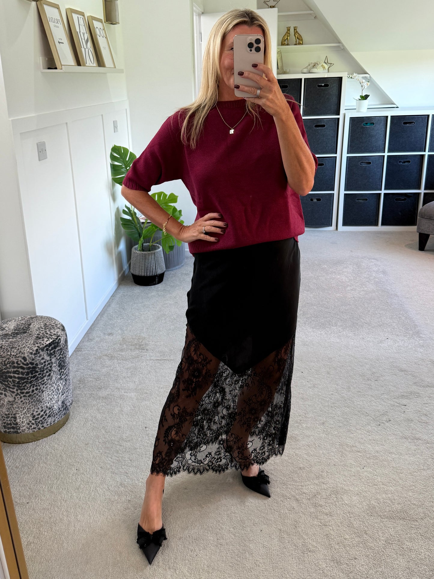 Black Satin Lace Detail Maxi Slip Skirt