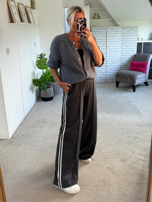 Grey Twill Double Stripe Wide Leg Trousers