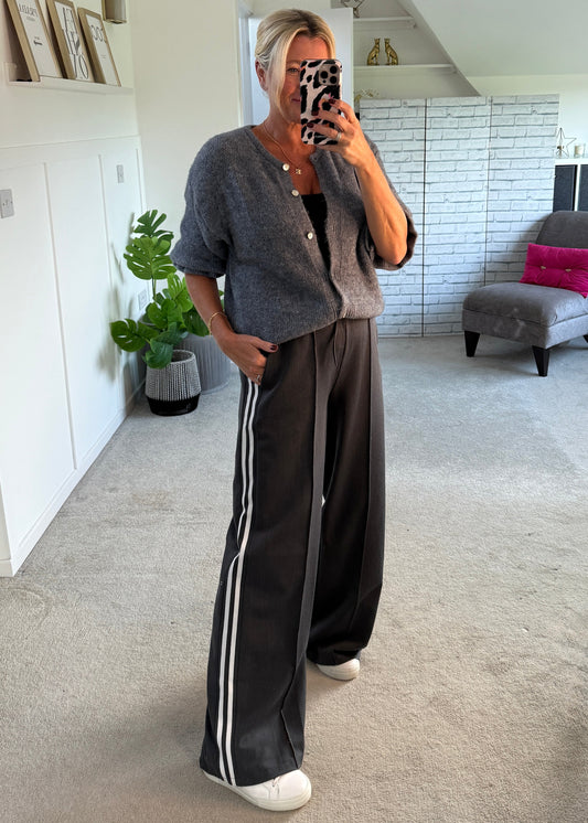 Grey Twill Double Stripe Wide Leg Trousers