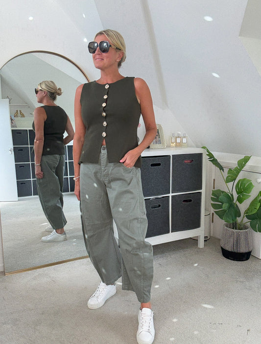 Khaki Cotton Barrel Leg Jeans