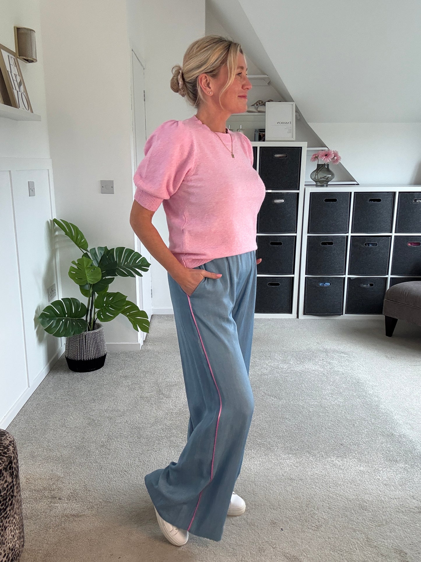 Chambray/Pink Stripe Wide Leg Trousers
