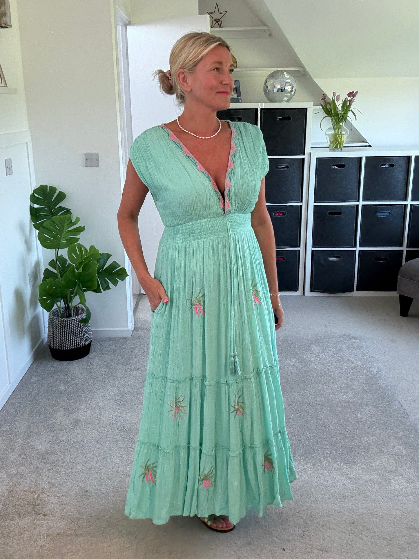 White Embroidered V Neck Grecian Maxi Dress