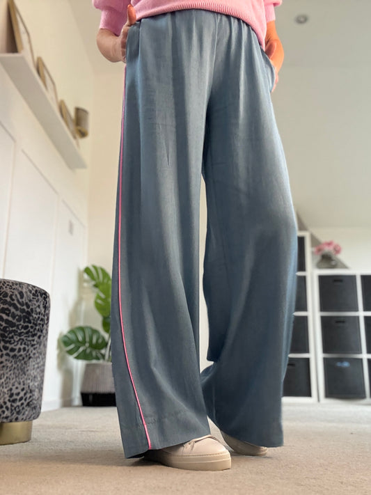Chambray/Pink Stripe Wide Leg Trousers