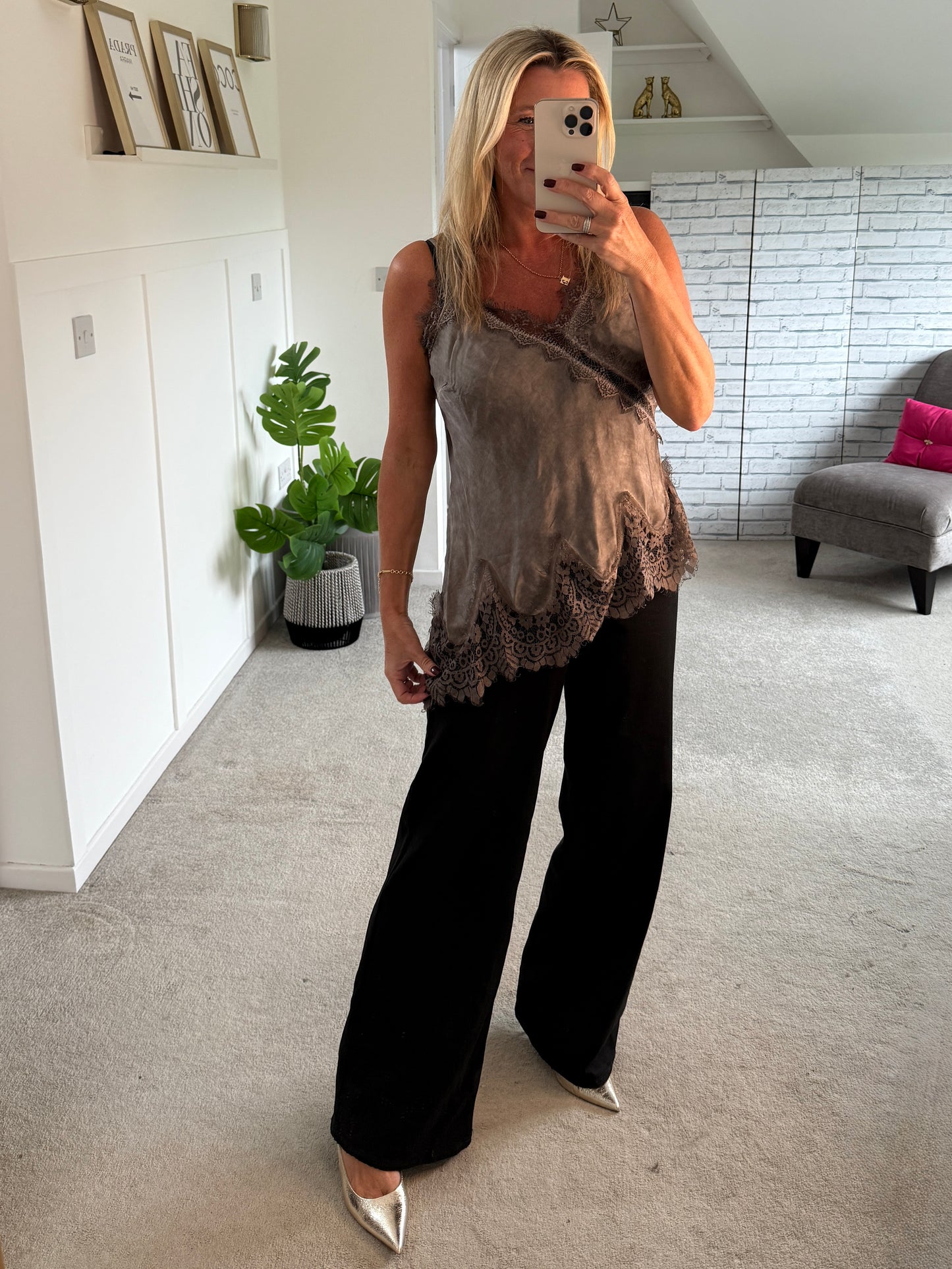 Mocha Satin Lace Asymmetric Cami Top