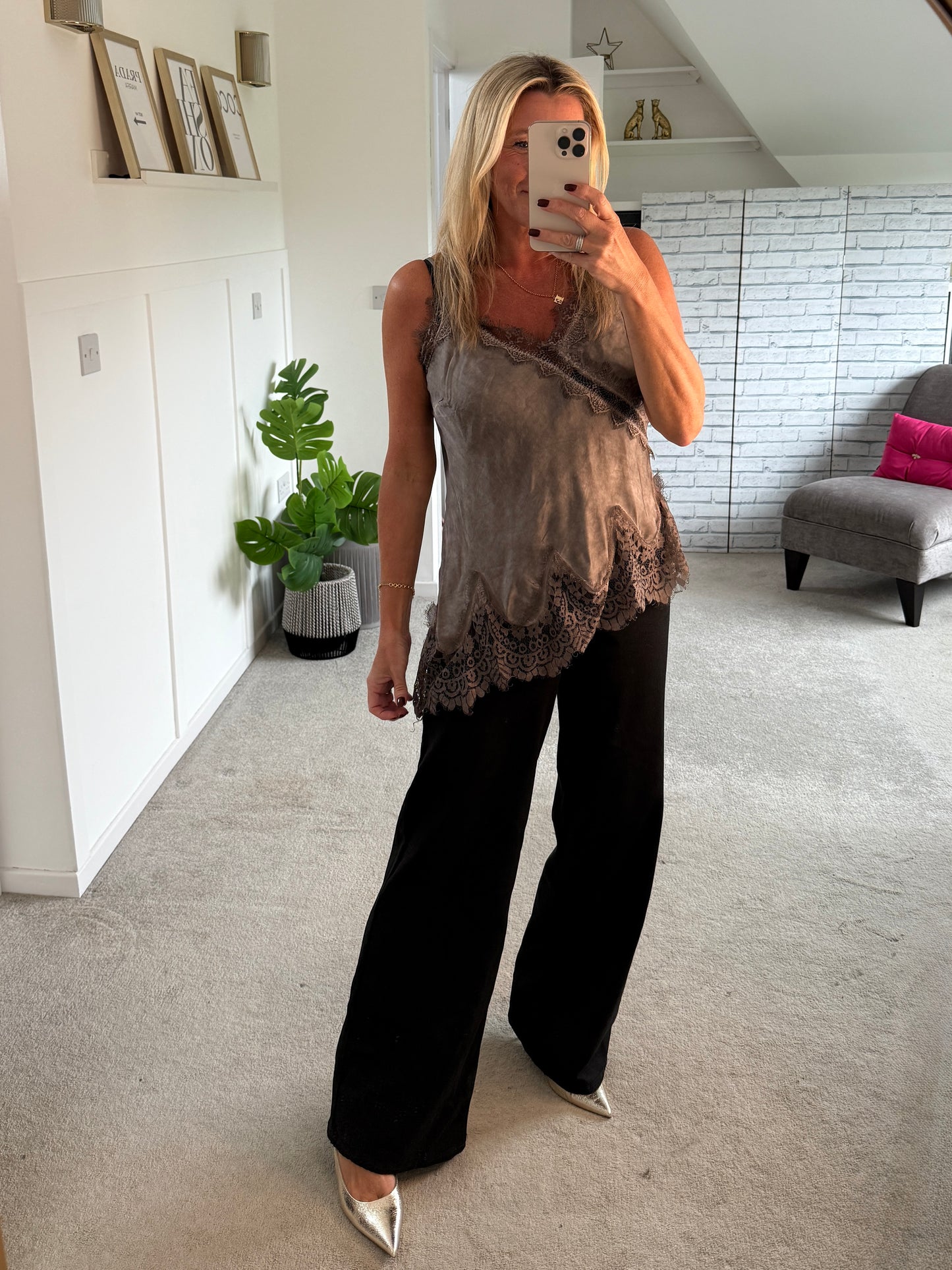 Mocha Satin Lace Asymmetric Cami Top