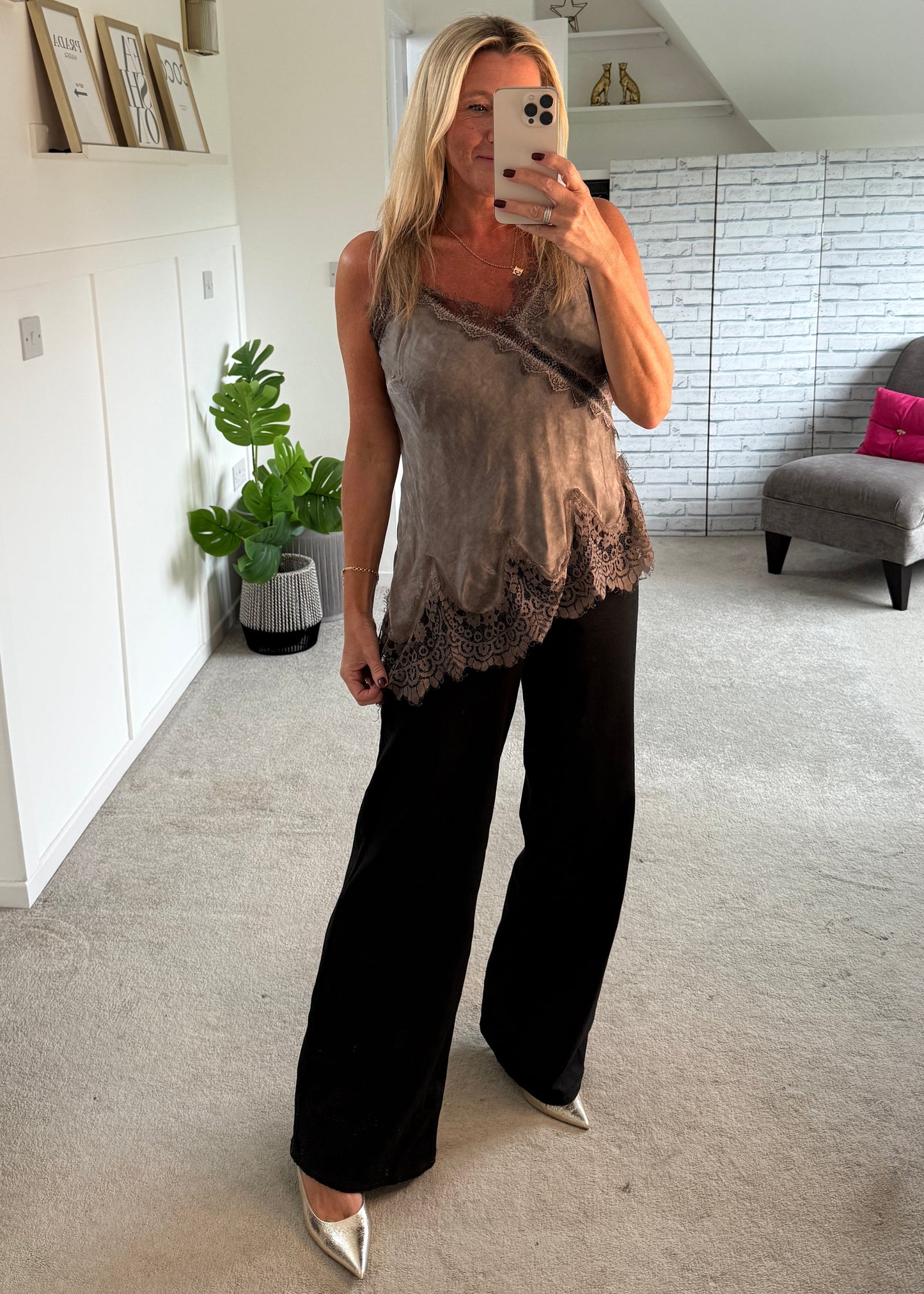 Mocha Satin Lace Asymmetric Cami Top