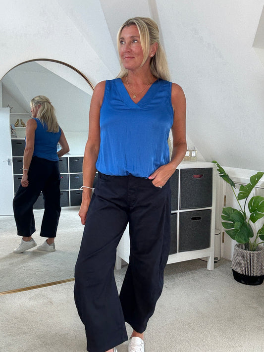 Navy Cotton Barrel Leg Jeans