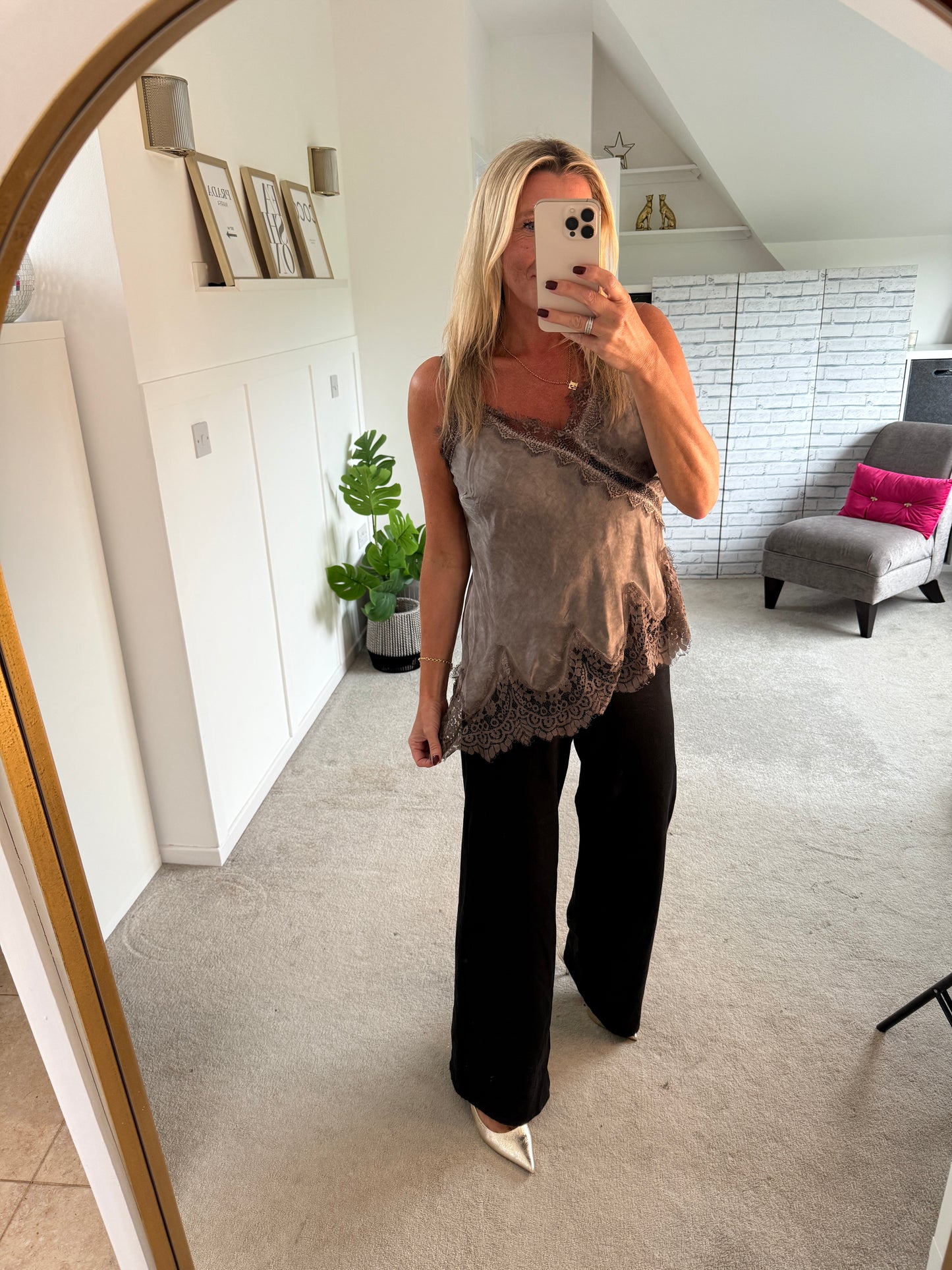 Mocha Satin Lace Asymmetric Cami Top