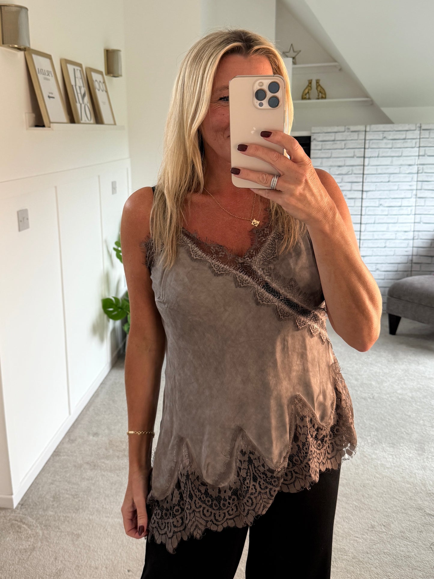 Mocha Satin Lace Asymmetric Cami Top