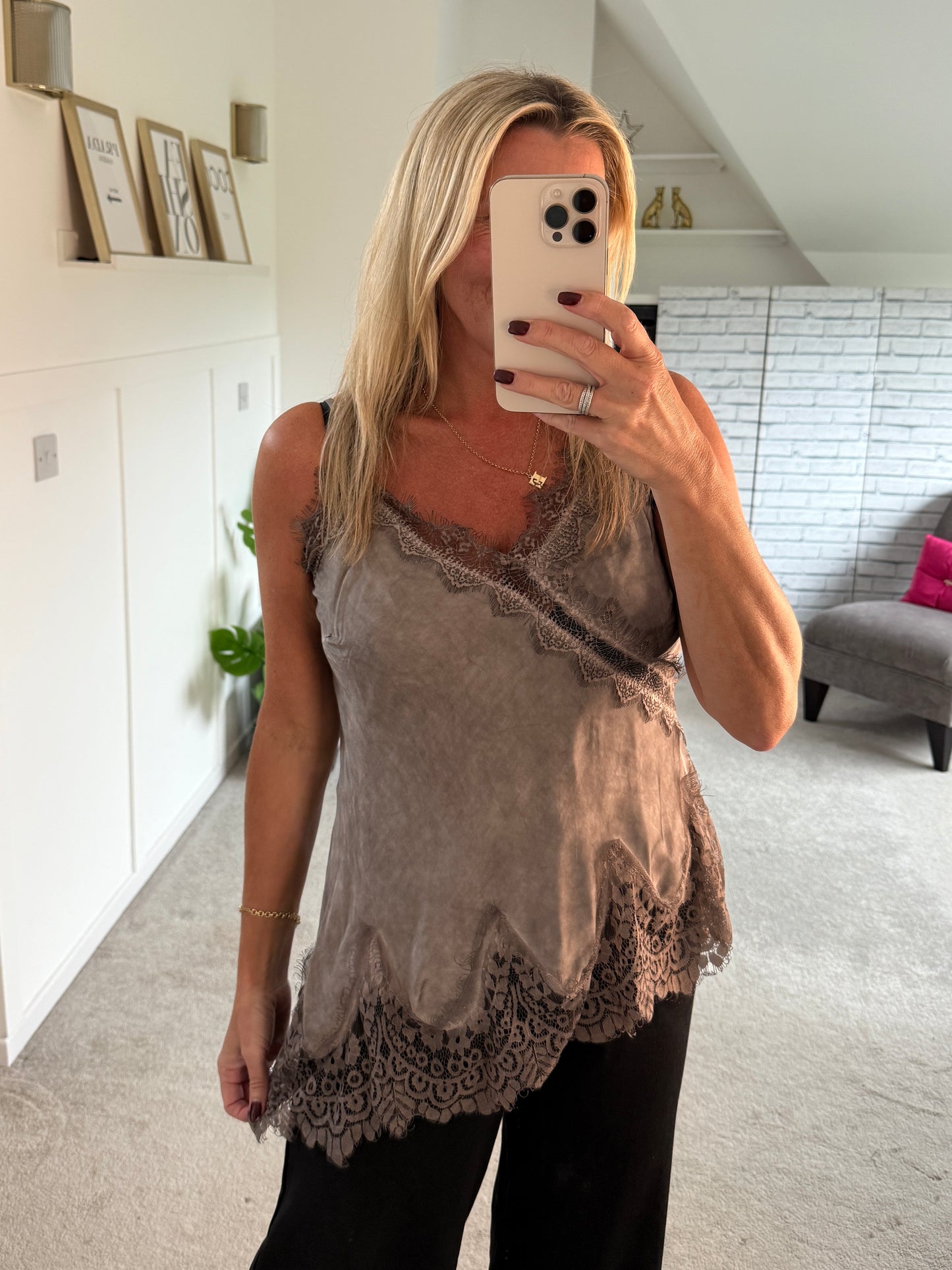 Mocha Satin Lace Asymmetric Cami Top