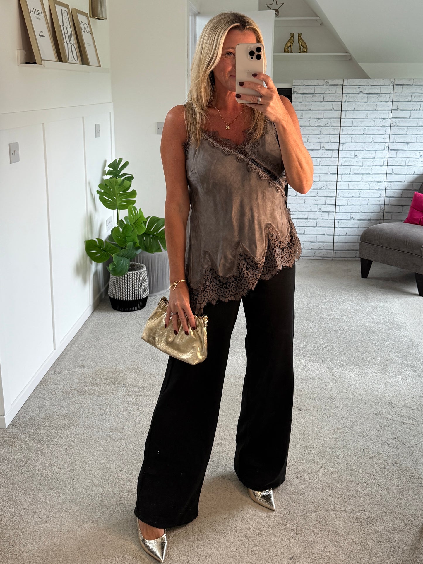 Mocha Satin Lace Asymmetric Cami Top